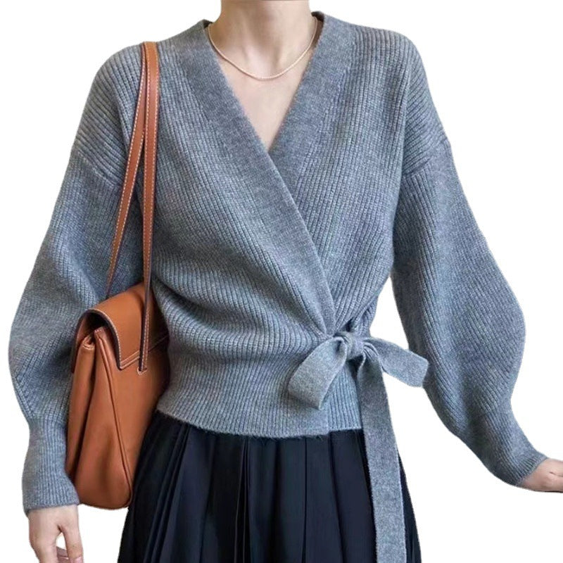 Damen Wickeljacke mit breiten Ärmeln und Taillenknoten Drune