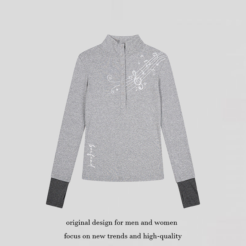 Damen Langarm-Poloshirt mit Stehkragen, Knopfleiste und Noten-Print Drune