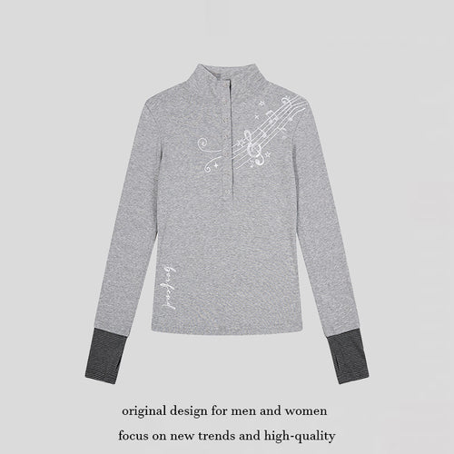 Damen Langarm-Poloshirt mit Stehkragen, Knopfleiste und Noten-Print Drune