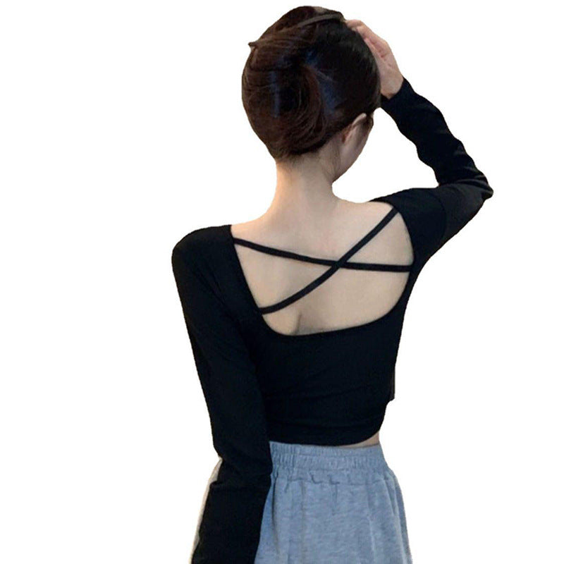 Damen langärmliges Crop-Top mit criss-cross Rücken und elegantem V-Ausschnitt