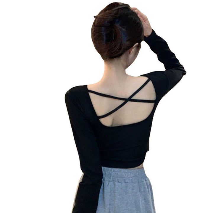 Damen langärmliges Crop-Top mit criss-cross Rücken und elegantem V-Ausschnitt