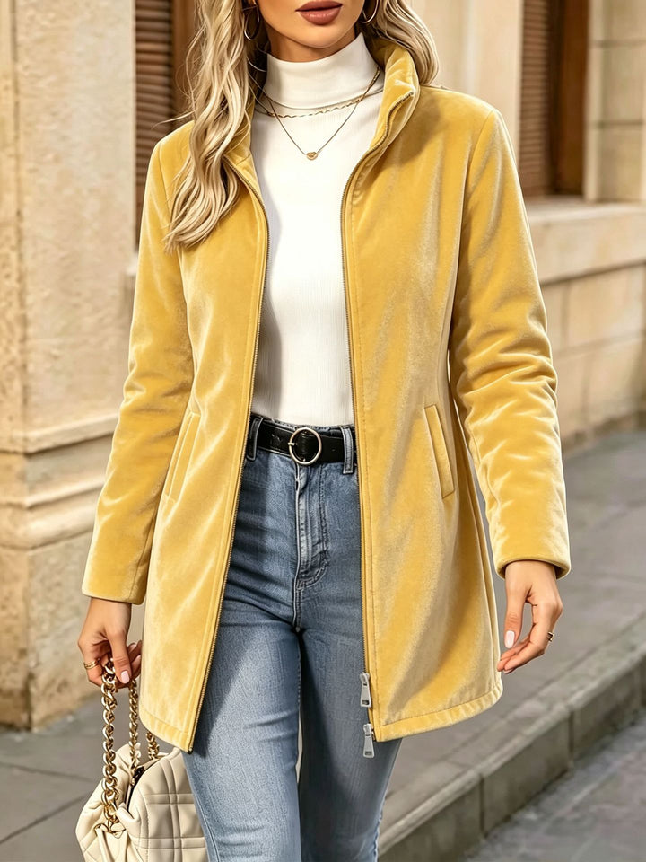 Damen Langer Veloursjacke mit Zwei-Wege-Reißverschluss und Stehkragen Drune
