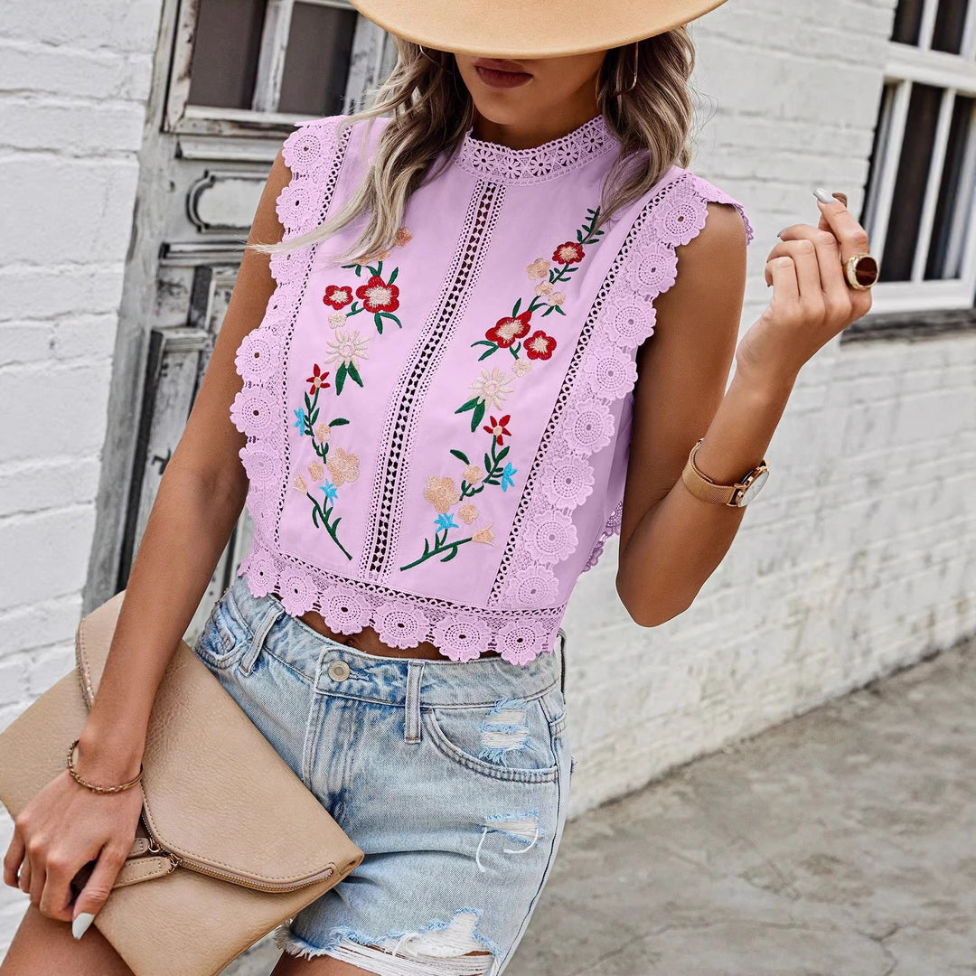 Damen Besticktes Spitzen-Cropped-Top mit Stehkragen und Häkelkanten Drune