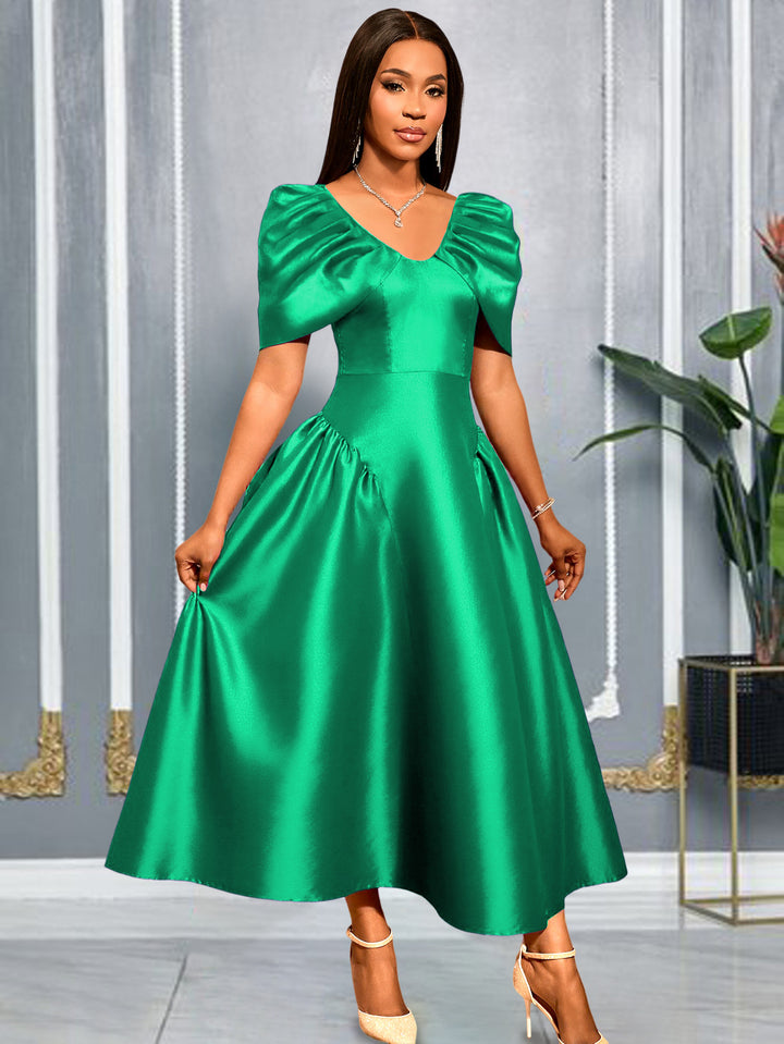 Damen Elegantes Satin Abendkleid mit voluminösen Puffärmeln Drune