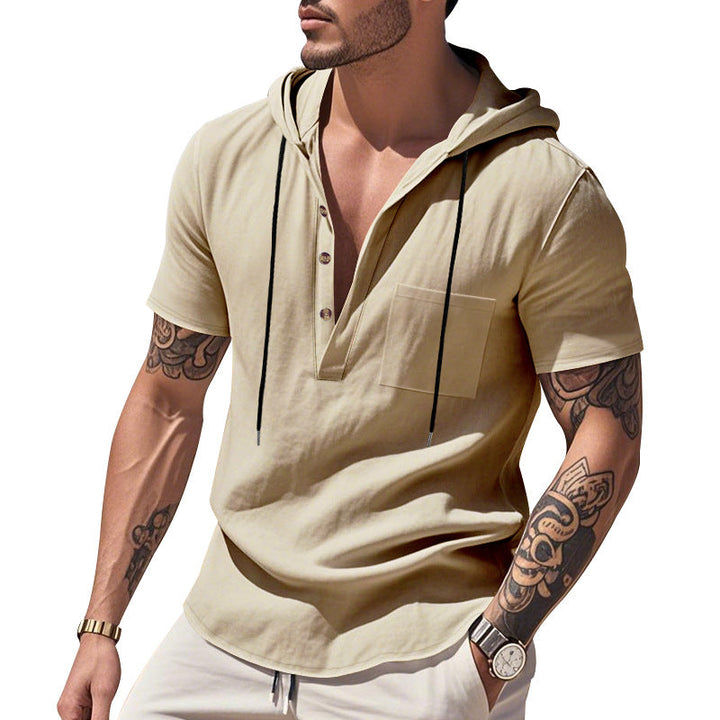 Herren nan legere Kurzarm-Kapuzen-Henley aus Single-Jersey mit Brusttasche und Kontrastkordel Drune