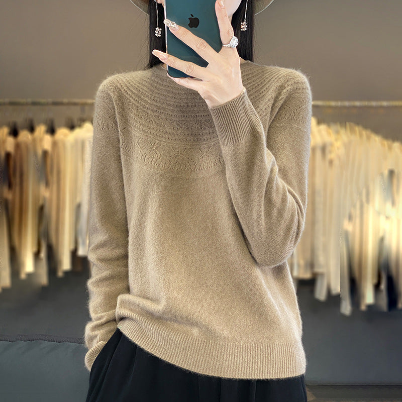 Damen Weicher Ajour‑Yoke Rundhalspullover in Kaschmir‑Optik Feinstrick Drune