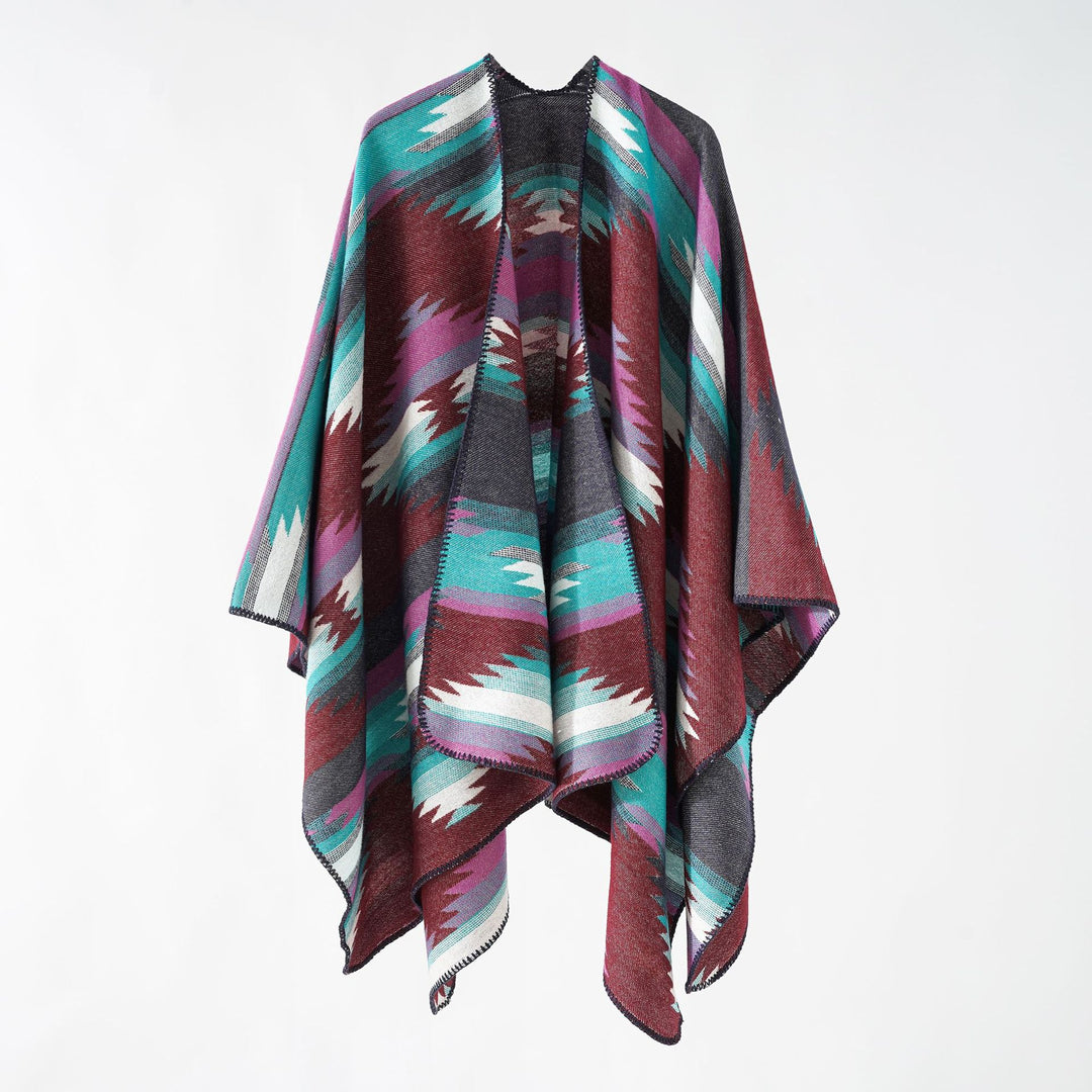 Damen Gewebter Azteken‑Poncho im Oversize‑Überwurf mit Zierkettelnaht Drune