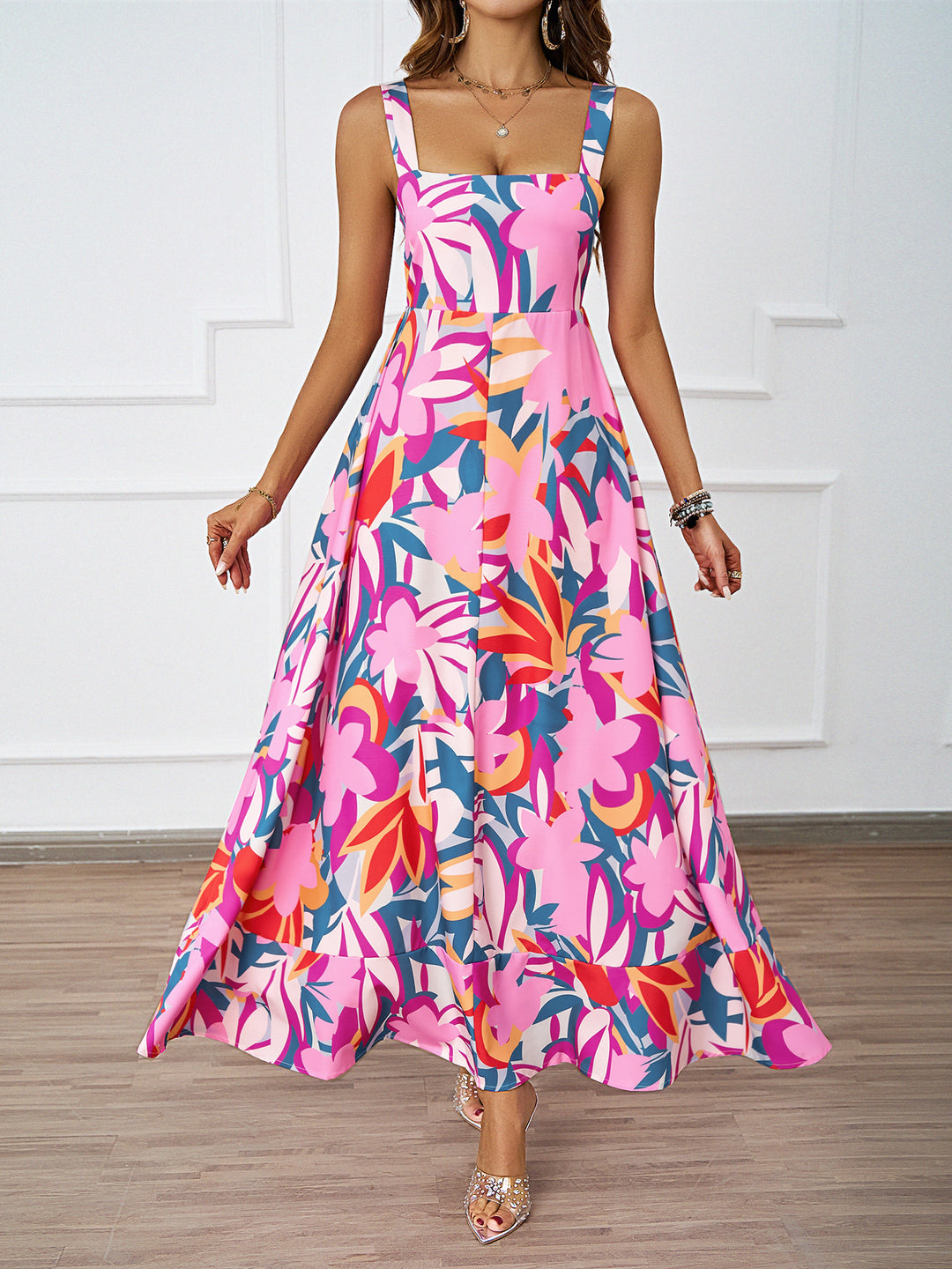 Damen Maxikleid mit floralem Design und raffinierten Trägern Drune