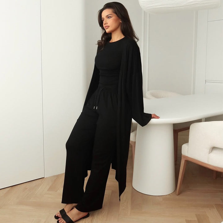 Damen Loungewear-Anzug mit offener Jacke und weitem Hosen Drune