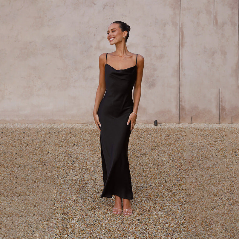 Damen Elegantes, fließendes Maxikleid aus hochwertigem Satin mit Spaghettiträgern Drune