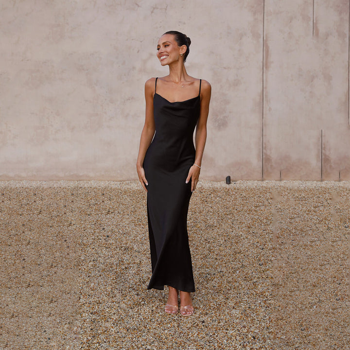 Damen Elegantes, fließendes Maxikleid aus hochwertigem Satin mit Spaghettiträgern Drune
