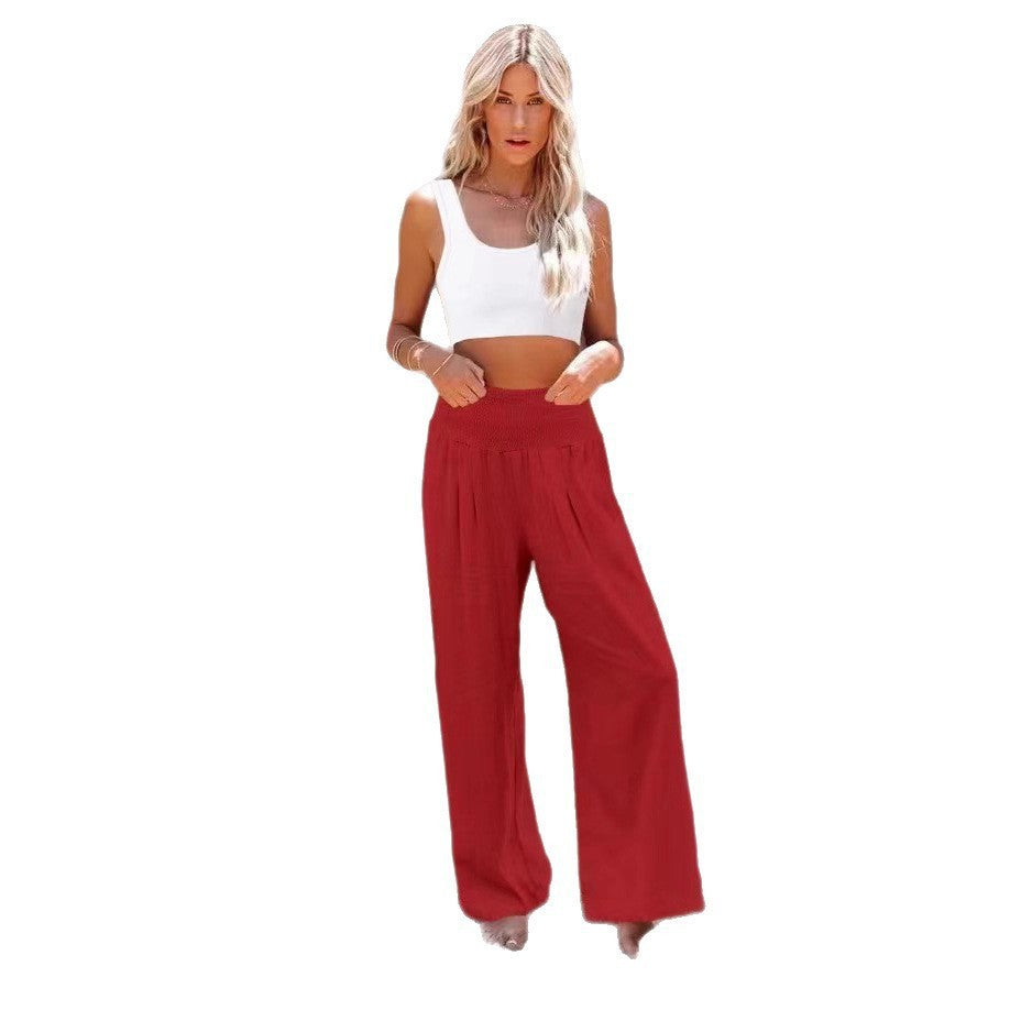 Damen weite Leinenhose mit elastischem Bund und Falten Drune