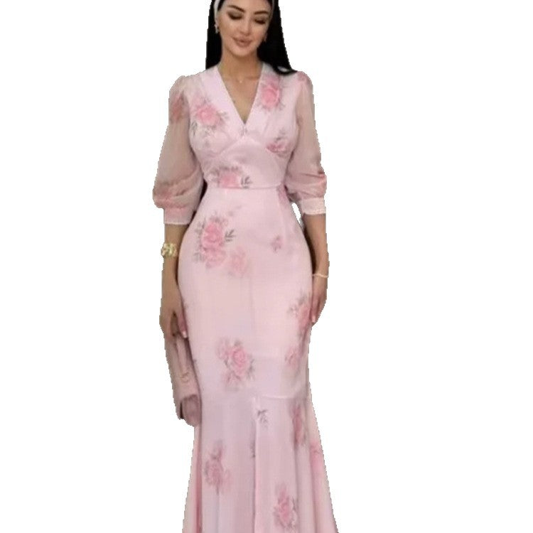 Damen Elegantes Maxikleid im Meerjungfrau‑Schnitt mit V‑Ausschnitt und transparenten Puffärmeln Drune
