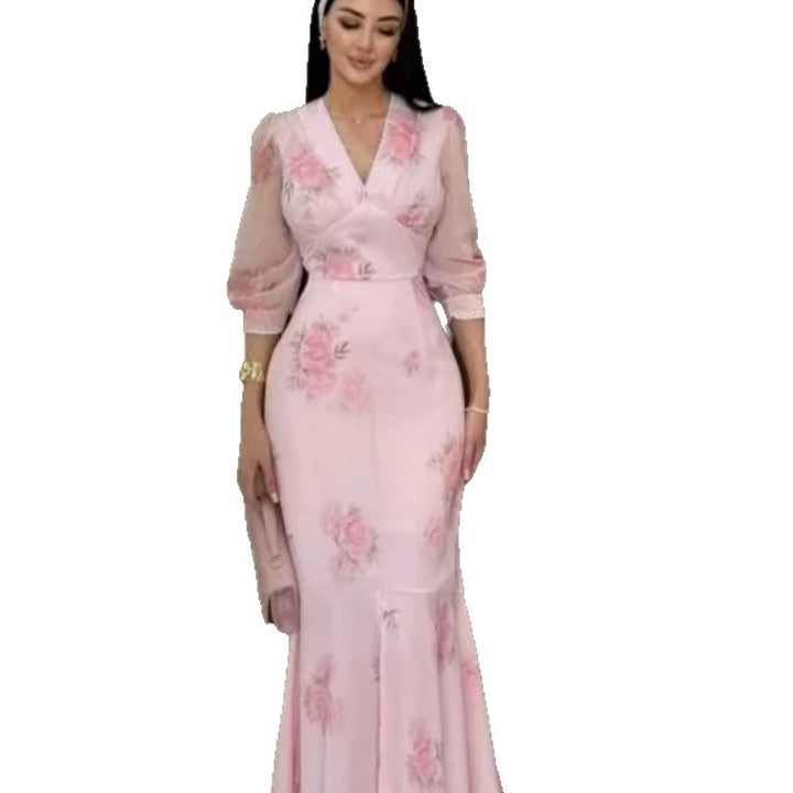 Damen Elegantes Maxikleid im Meerjungfrau‑Schnitt mit V‑Ausschnitt und transparenten Puffärmeln Drune