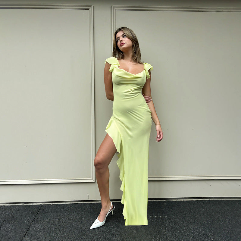 Damen Elegantes Maxi-Kleid mit asymmetrischem Saum und Rüschendetails Drune
