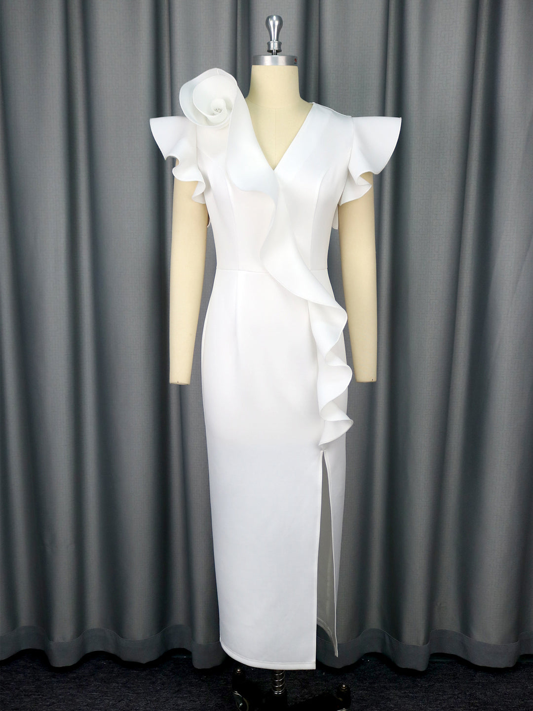 Damen Elegantes Midi-Kleid mit asymmetrischem Rüschen-Design und floralem Akzent Drune