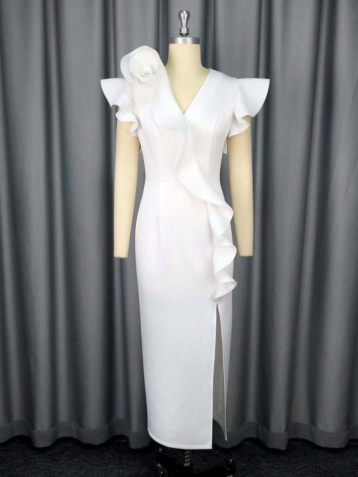 Damen Elegantes Midi-Kleid mit asymmetrischem Rüschen-Design und floralem Akzent Drune
