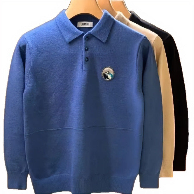Herren Polokragen-Pullover aus weichem Flauschstrick mit Logo‑Patch Drune