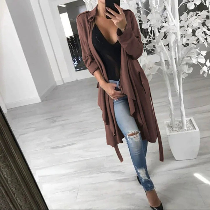 Damen eleganter Wickelcardigan aus weichem Stoff mit langem Schnitt und praktischen Taschen Drune