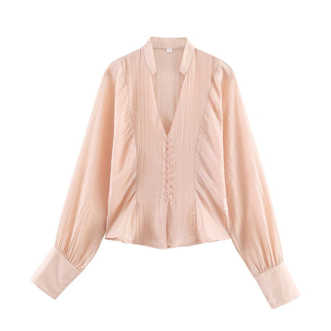 Damen elegante Bluse mit tiefem V-Ausschnitt und strukturierten Ärmeln Drune