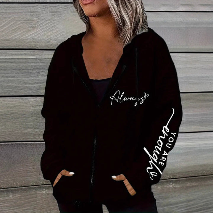 Damen nan oversized Kapuzenjacke mit Reißverschluss, handgeschriebener Typo-Applikation und Kontrast-Eingrifftaschen Drune