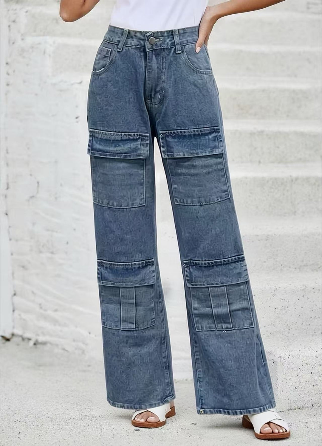 Damen nan High‑Waist Utility-Denimhose mit aufgesetzten Knie-Patches, Cargo‑Taschen und weitem Schlag Drune