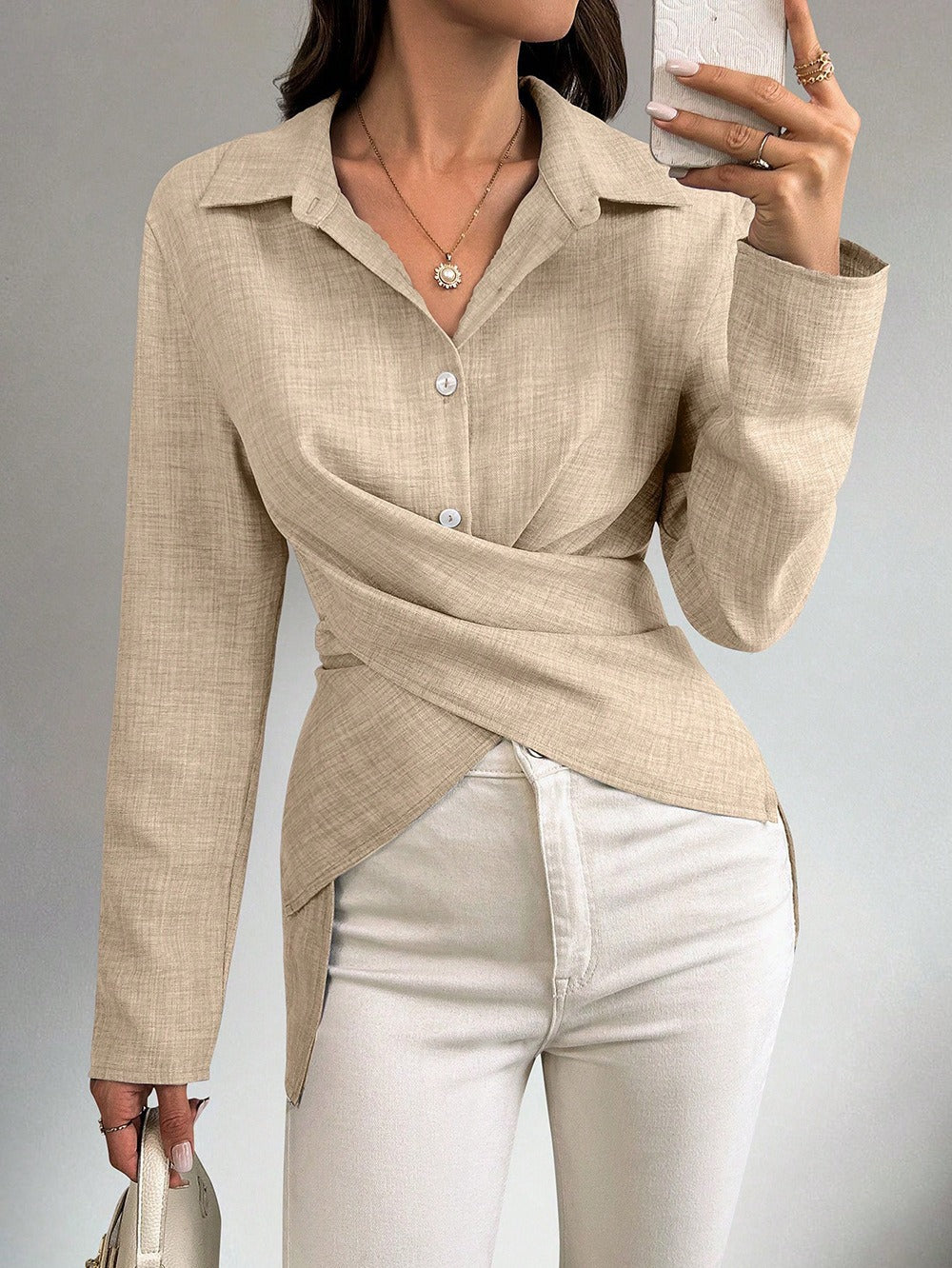 Damen Wickelbluse mit Hemdkragen und asymmetrischem Saum Drune