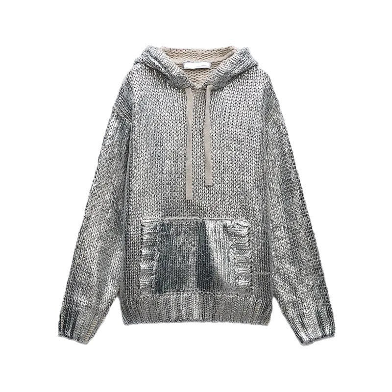 Damen Glitzernder Strickpullover mit Kapuze und praktischer Kängurutasche Drune