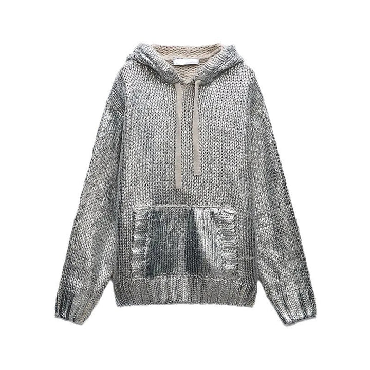 Damen Glitzernder Strickpullover mit Kapuze und praktischer Kängurutasche Drune