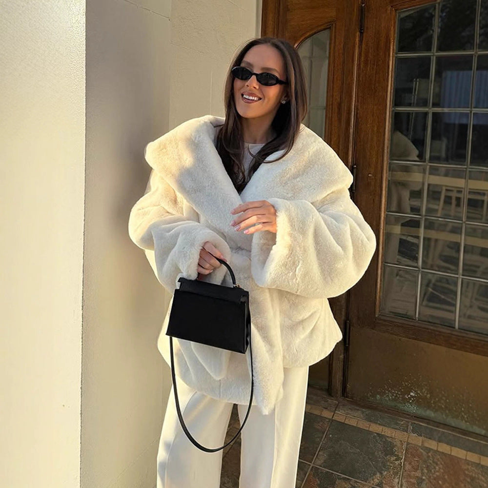 Damen Oversize Teddy-Mantel mit extragroßem Schalkragen und Wickelgürtel Drune