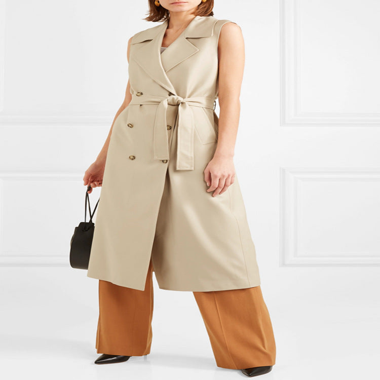 Damen ärmelloser Wickel-Trenchcoat aus Baumwollmix mit doppelreihiger Knopfleiste und Taillengürtel Drune