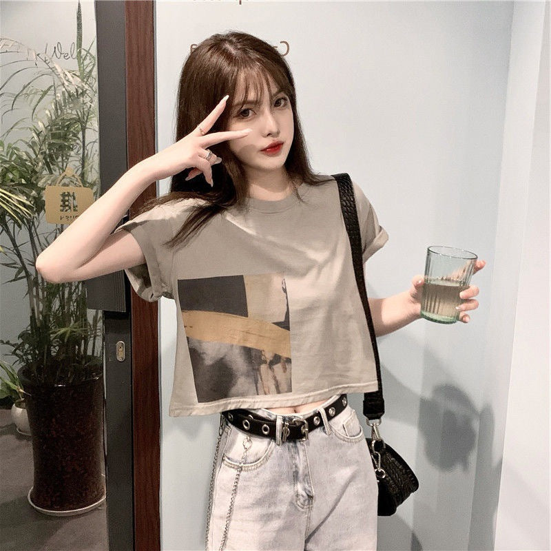 Damen Crop-T-Shirt mit kreativem Grafikdruck Drune