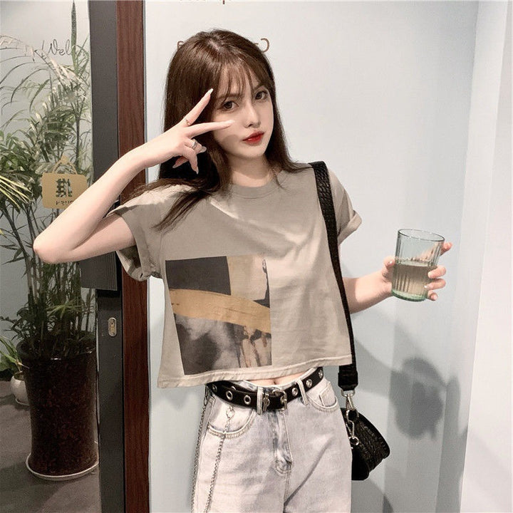 Damen Crop-T-Shirt mit kreativem Grafikdruck Drune