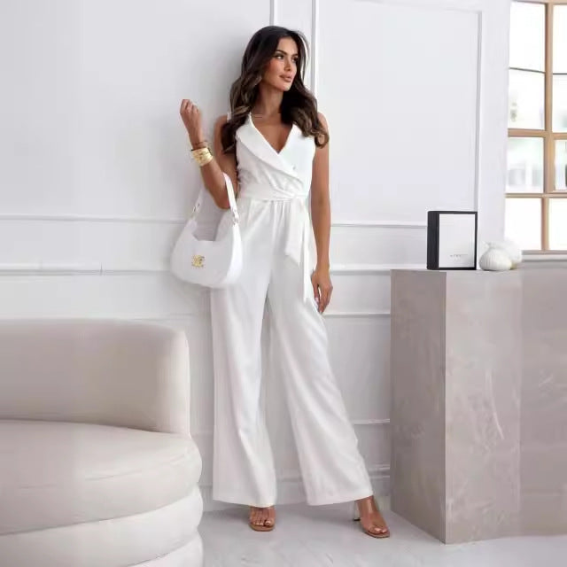 Damen eleganter Jumpsuit mit Wickeldesign und weitem Bein Drune
