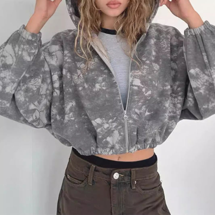 Damen nan kurzes Zip-Hoodie mit Used-Effekt, Kapuze und elastischem Saum Drune