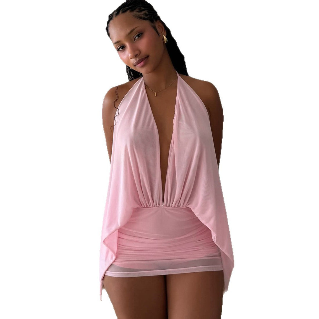 Damen kurzes lässiges Strandkleid mit tiefem V-Ausschnitt und fließender Silhouette Drune