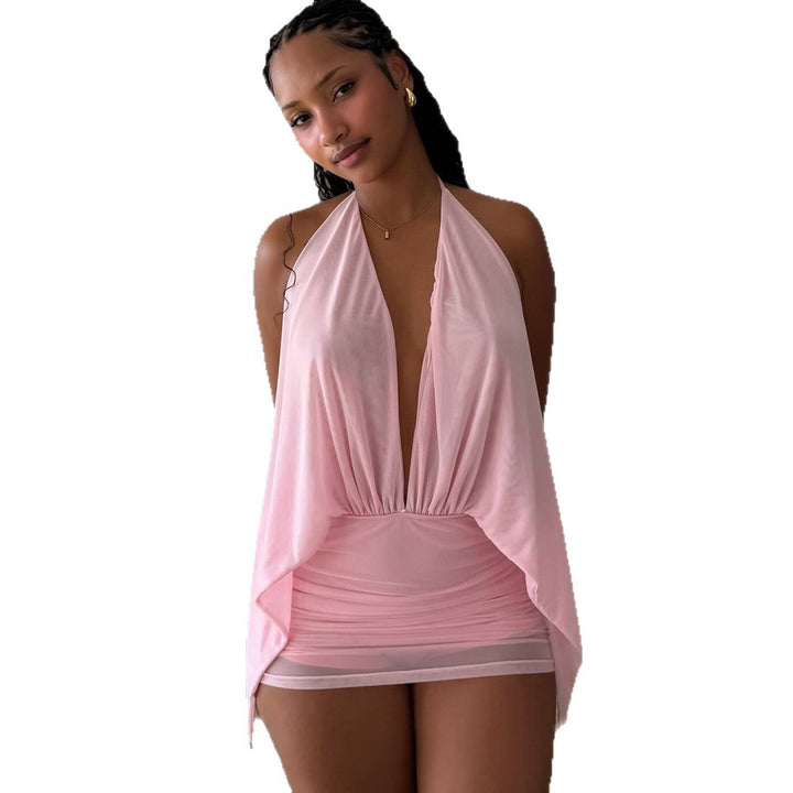 Damen kurzes lässiges Strandkleid mit tiefem V-Ausschnitt und fließender Silhouette Drune