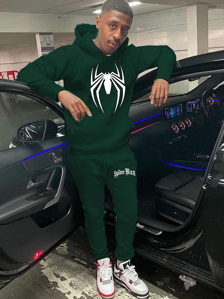 Herren Sportliches Kapuzenpullover und Jogginghose Set mit auffälligem Spider-Motiv Drune