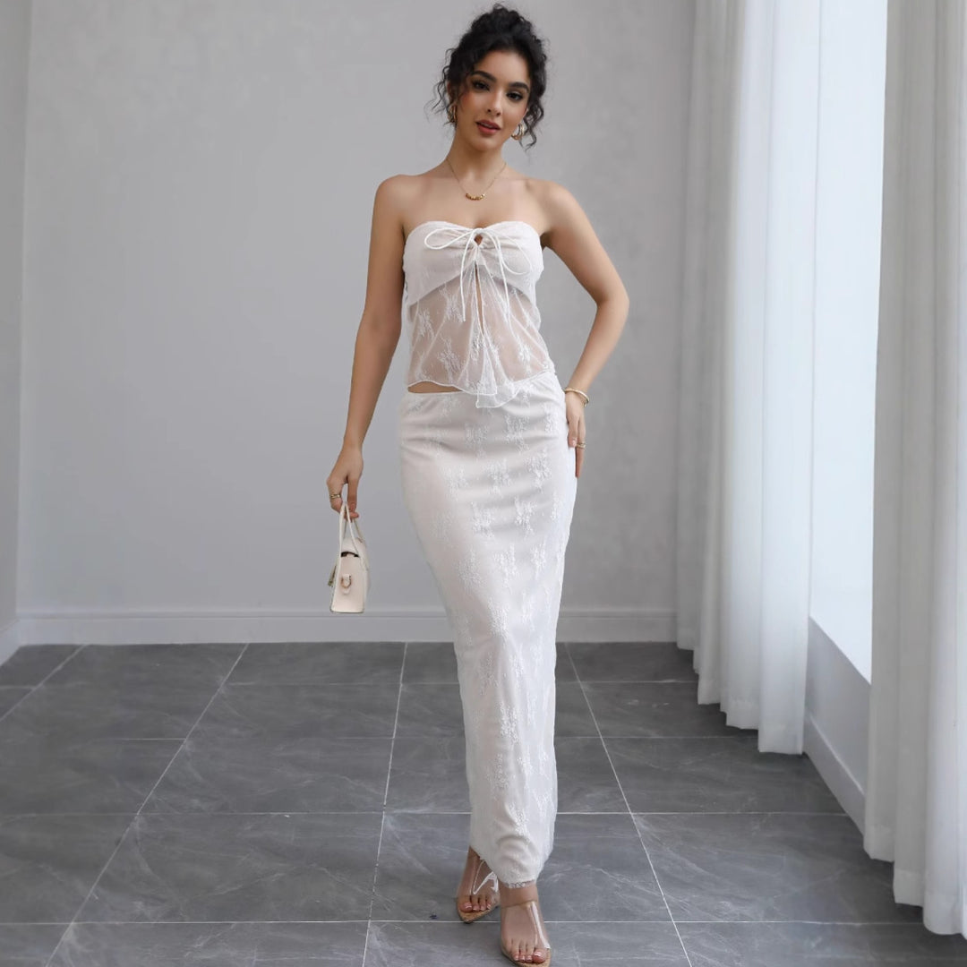 Damen Off-Shoulder Maxikleid mit feiner Spitze und elegantem Bund Drune
