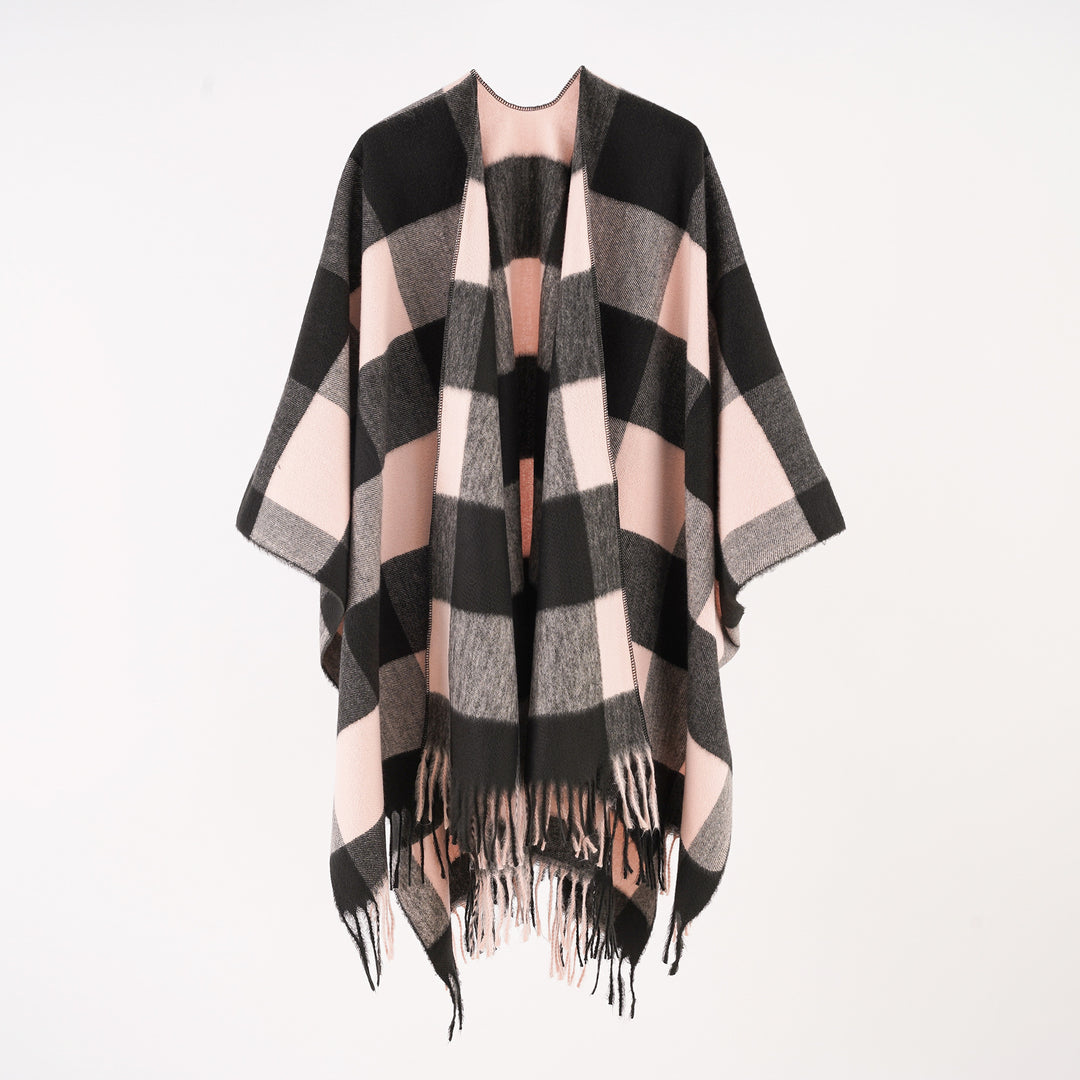 Damen Rechteckponcho im Ruana‑Stil aus Wollmix mit großen Karos und Fransensaum Drune