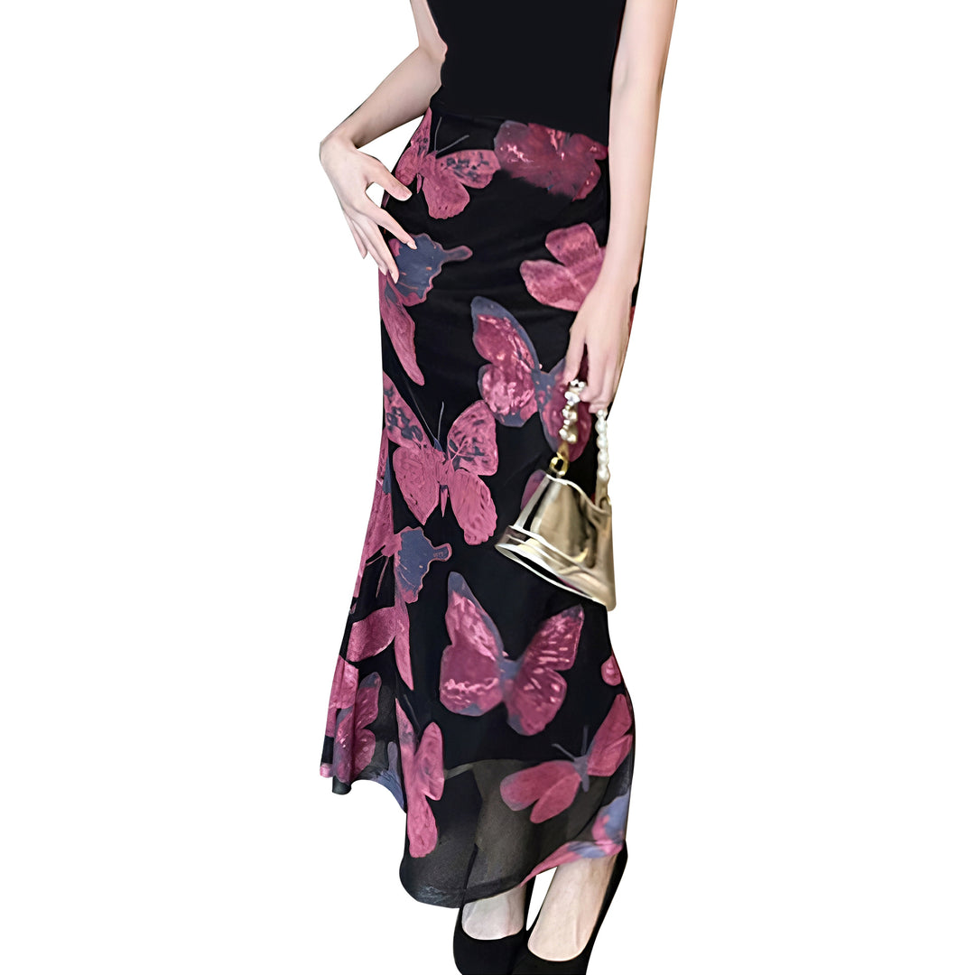 Damen elegantes Maxikleid mit floralem Schmetterlingsmuster und fließendem Stoff Drune