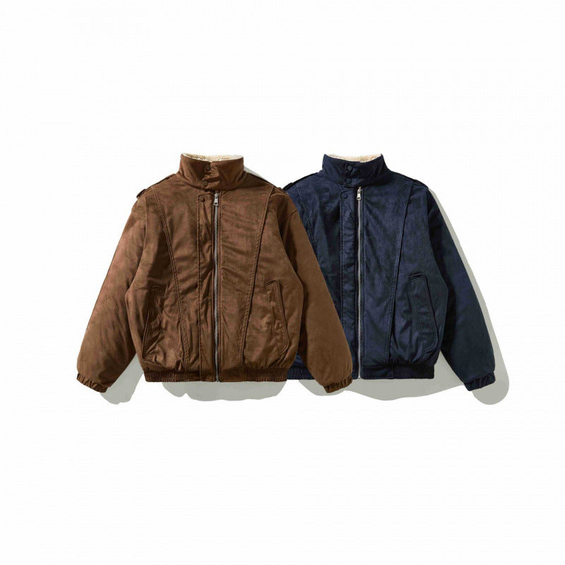 Herren Veloursleder-Optik Bomberjacke mit hohem Stehkragen und Teddyfutter Drune