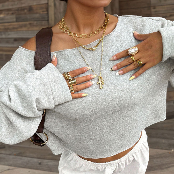 Damen oversized Sweatshirt mit schulterfreiem Design und weichem Innenfleece Drune