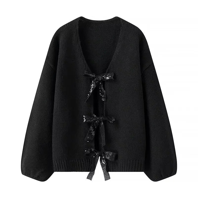 Damen nan Oversize-Strickcardigan mit tiefem V-Ausschnitt und dekorativen Pailletten-Schleifen Drune