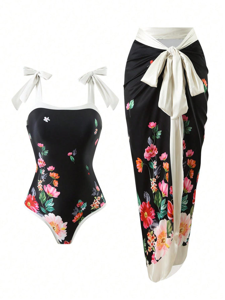 Damen Eleganter Badesuit mit floralen Akzenten und modischem Wickelrock Drune