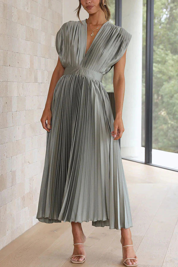 Damen Plissiertes Midikleid mit tiefem V-Ausschnitt und Taillengürtel Drune