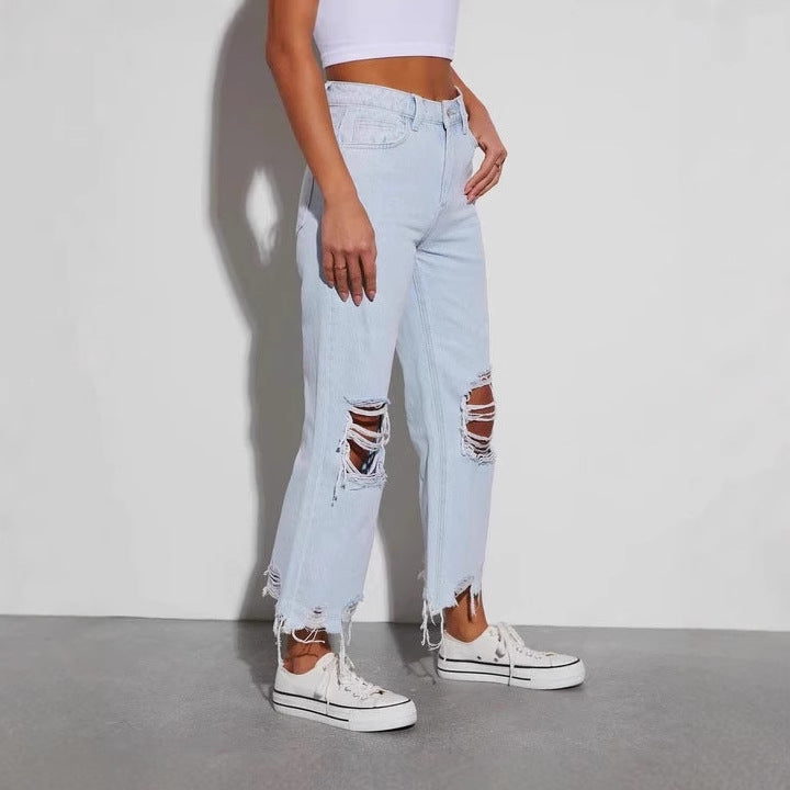 Damen nan cropped-weitjeans mit hoher Taille, ausgefranstem Saum und starkem Knee-Ripping Drune