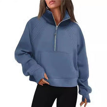 Damen nan weit geschnittenes Kurzpullover mit Stehkragen, halbem Reißverschluss und Kängurutasche Drune