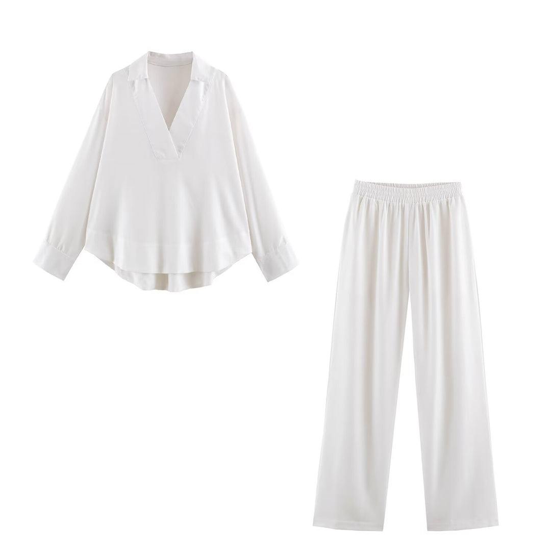 Damen Oversize Leinen-Mix Bluse mit tiefem V-Ausschnitt und Hemdkragen Drune