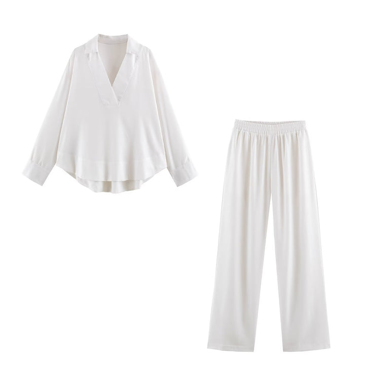 Damen Oversize Leinen-Mix Bluse mit tiefem V-Ausschnitt und Hemdkragen Drune
